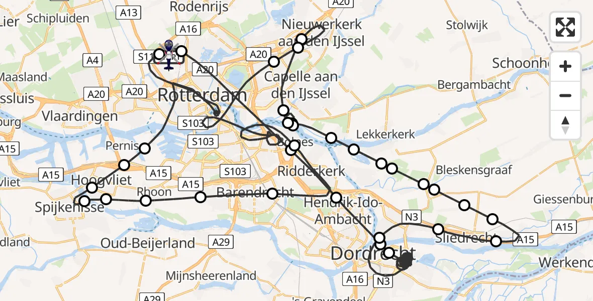 Vluchtroute Politiehelikopter van Rotterdam The Hague Airport naar Rotterdam The Hague Airport