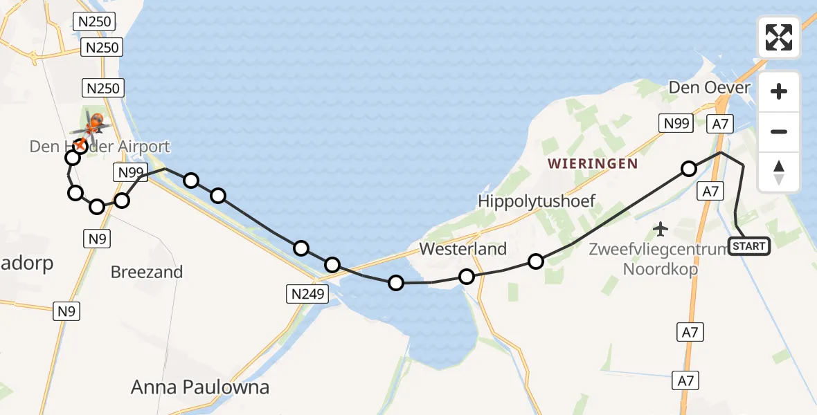 Vluchtroute Kustwachthelikopter van Wieringerwerf naar Militair vliegveld De Kooy / Den Helder Airport