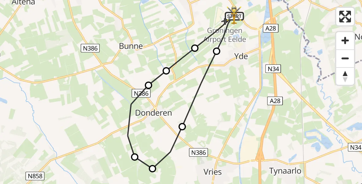 Vluchtroute Traumahelikopter van Groningen Airport Eelde naar !|A|Drenthe|Tynaarlo|Eelde