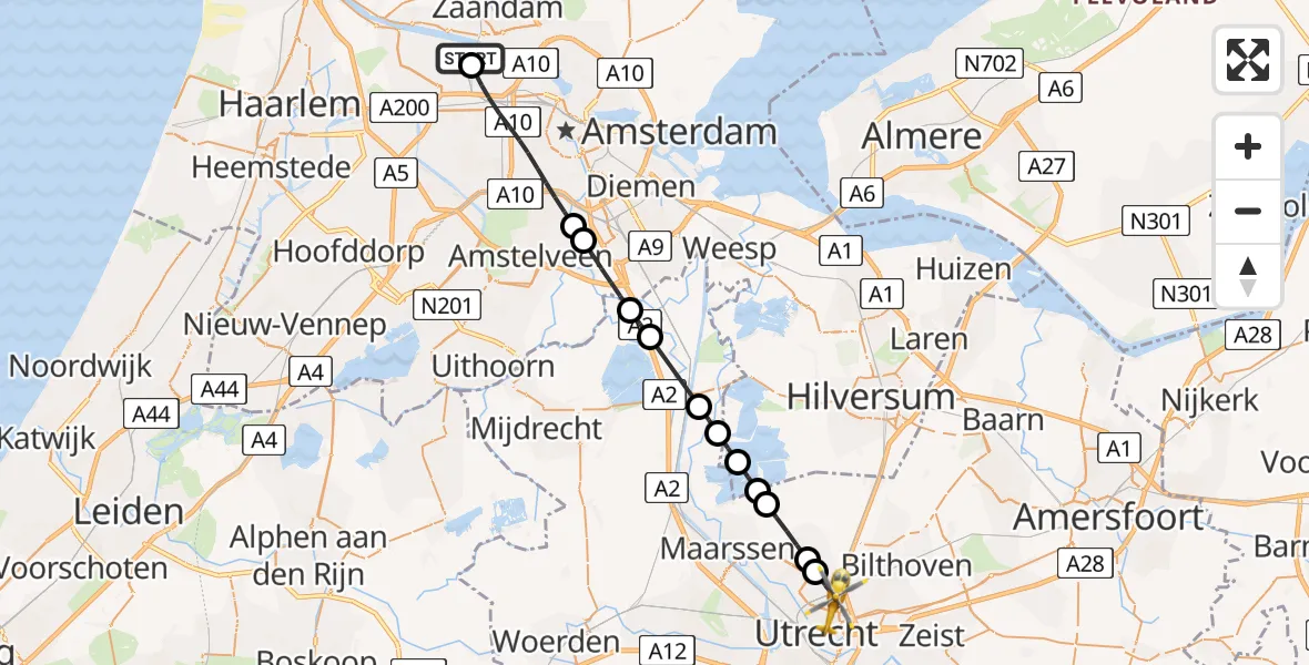 Vluchtroute Traumahelikopter van Amsterdam Heliport naar Utrecht