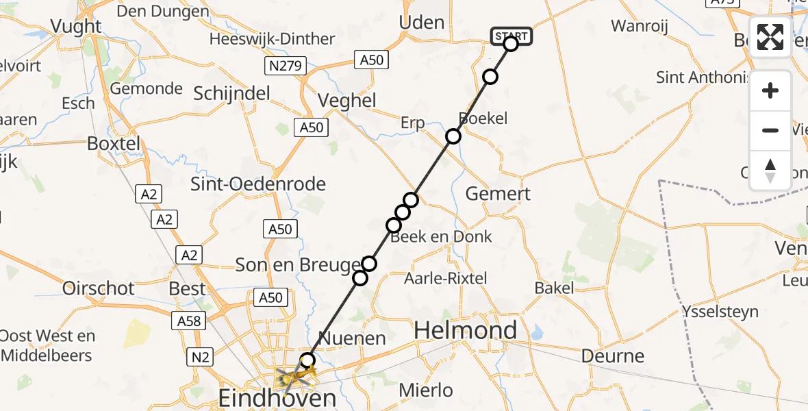 Vluchtroute Traumahelikopter van Vliegbasis Volkel naar Eindhoven