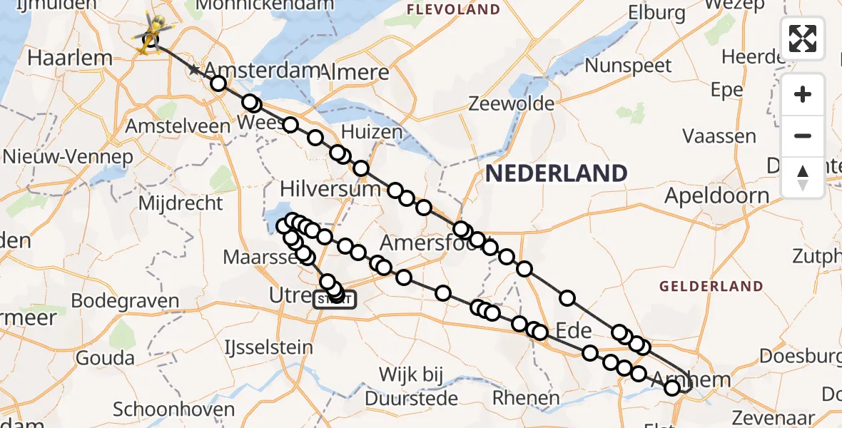 Vluchtroute Traumahelikopter van Universitair Medisch Centrum Utrecht naar Amsterdam Heliport