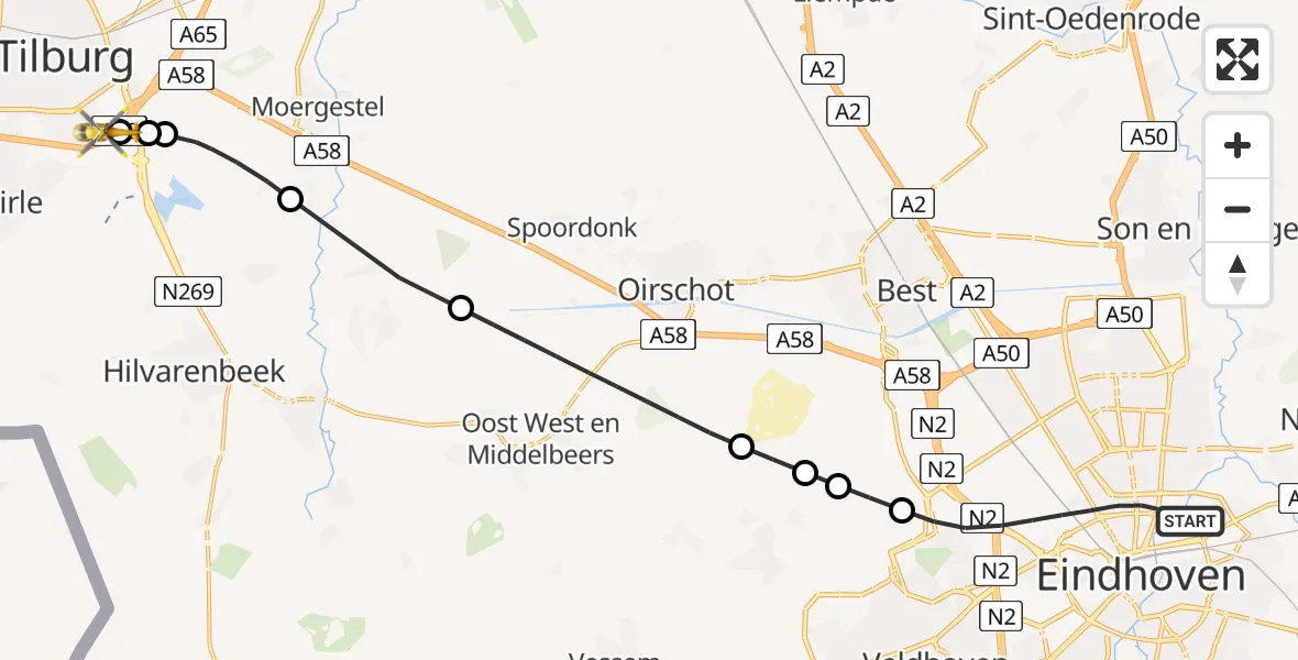 Vluchtroute Traumahelikopter van Eindhoven naar St. Elisabeth Hospital Heliport