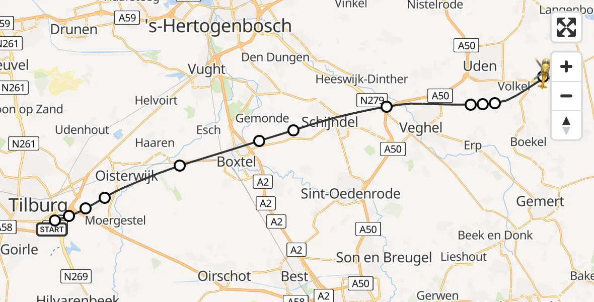 Vluchtroute Traumahelikopter van St. Elisabeth Hospital Heliport naar Vliegbasis Volkel