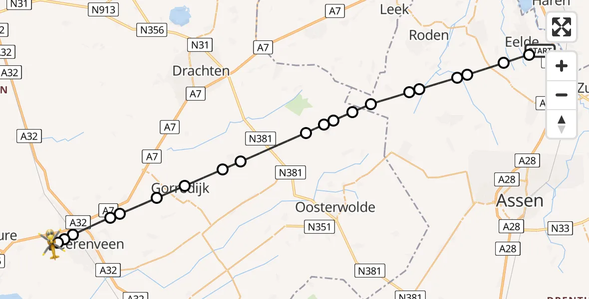 Vluchtroute Traumahelikopter van Groningen Airport Eelde naar Oudehaske