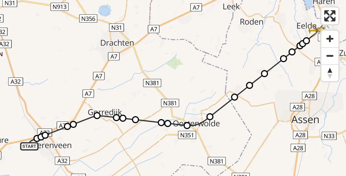 Vluchtroute Traumahelikopter van Oudehaske naar Groningen Airport Eelde