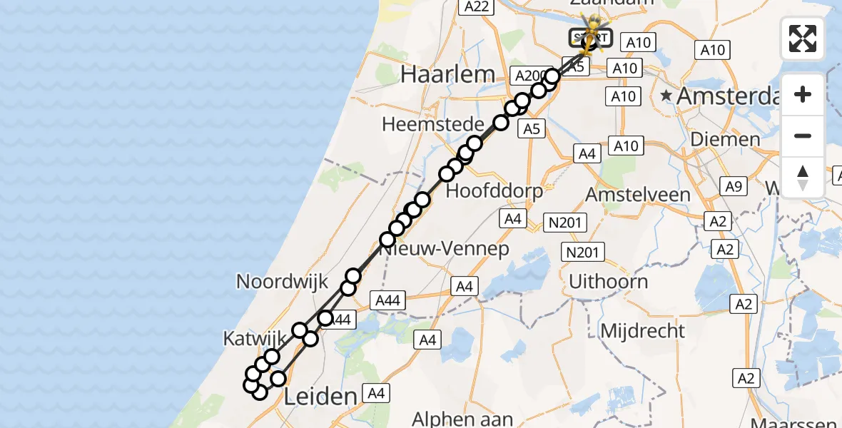 Vluchtroute Traumahelikopter van Amsterdam Heliport naar Amsterdam Heliport