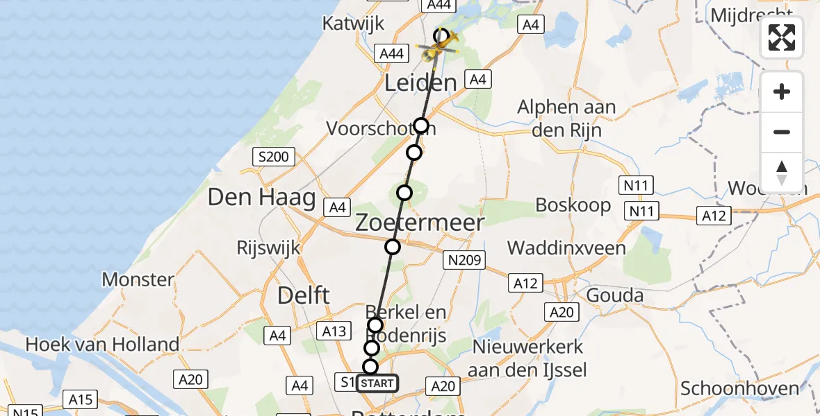 Vluchtroute Traumahelikopter van Rotterdam The Hague Airport naar Warmond