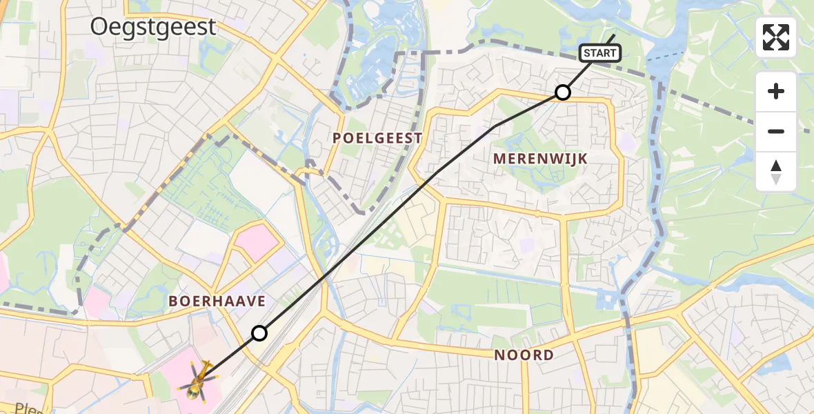 Vluchtroute Traumahelikopter van Warmond naar Leiden University Medical Center Heliport