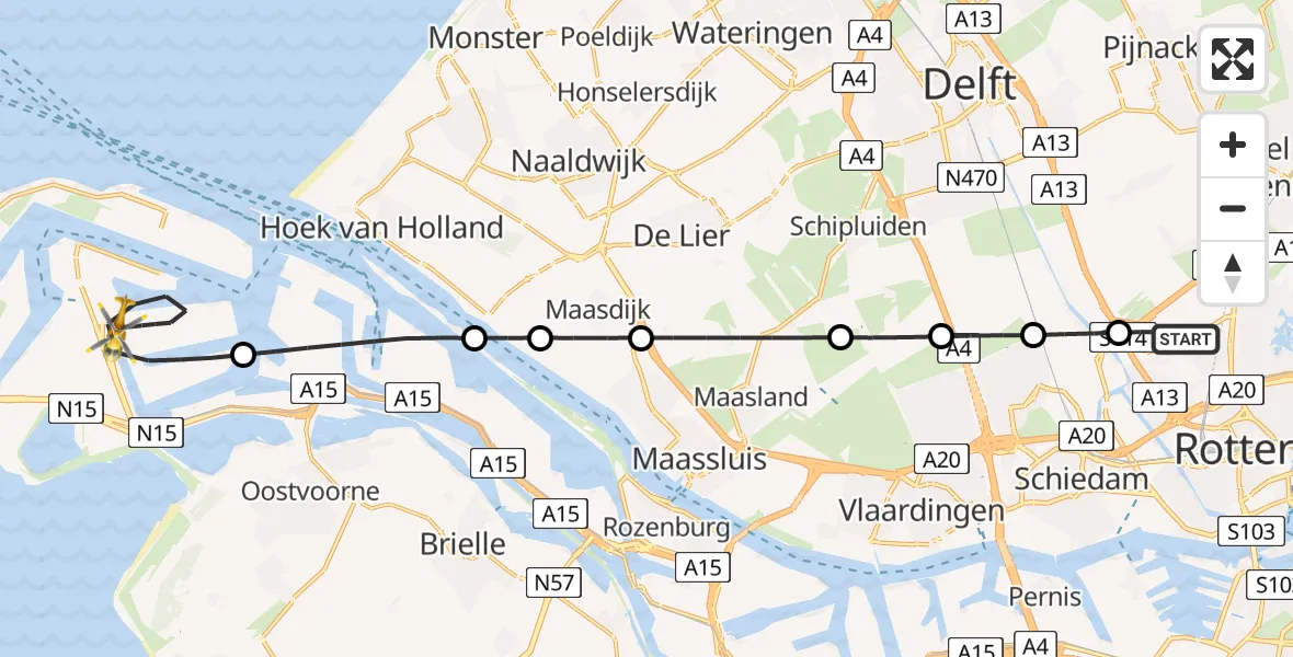 Vluchtroute Traumahelikopter van Rotterdam The Hague Airport naar Maasvlakte Rotterdam