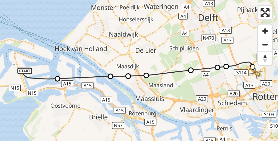 Vluchtroute Traumahelikopter van Maasvlakte Rotterdam naar Rotterdam The Hague Airport