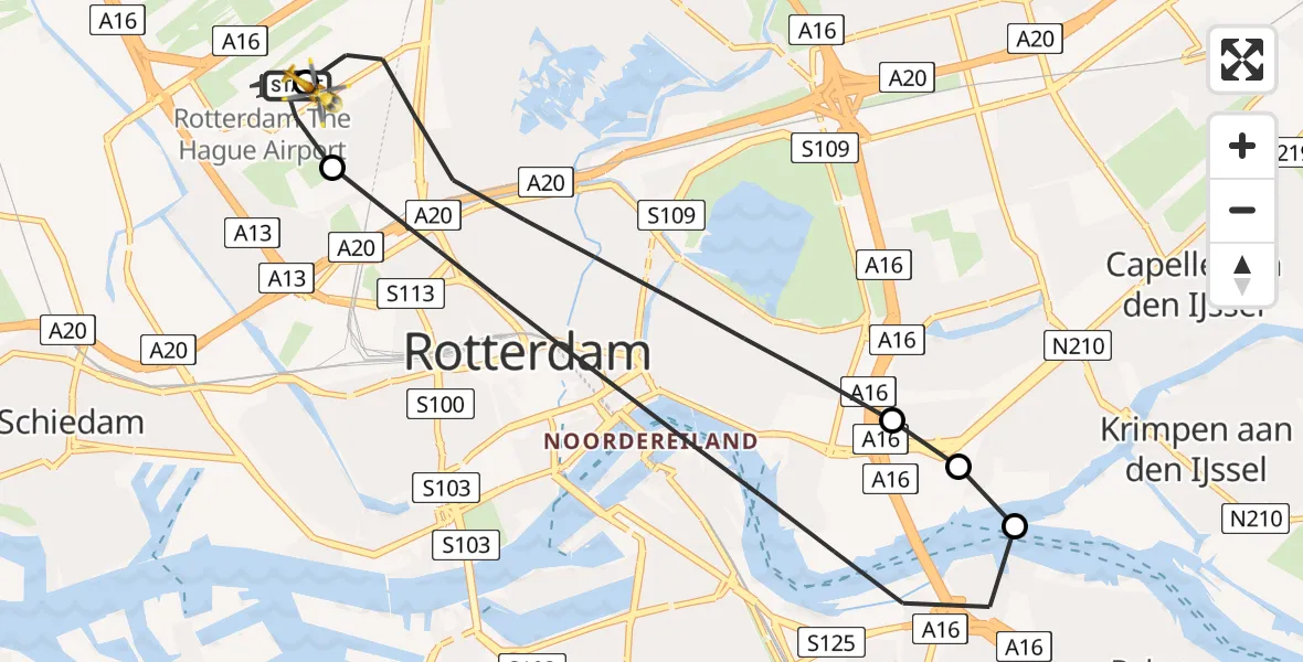 Vluchtroute Traumahelikopter van Rotterdam The Hague Airport naar Rotterdam The Hague Airport
