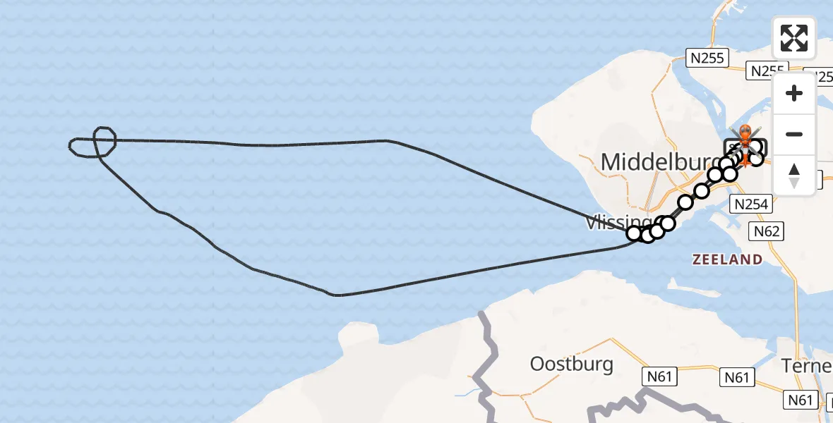 Vluchtroute Kustwachthelikopter van Vliegveld Midden-Zeeland naar Vliegveld Midden-Zeeland