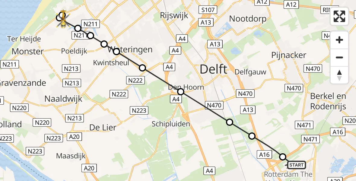 Vluchtroute Traumahelikopter van Rotterdam The Hague Airport naar 's-Gravenhage