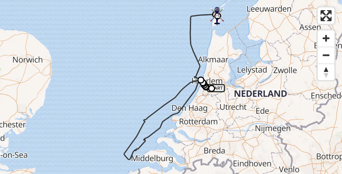 Vluchtroute Politiehelikopter van Amsterdam Vliegveld Schiphol naar Texel International Airport