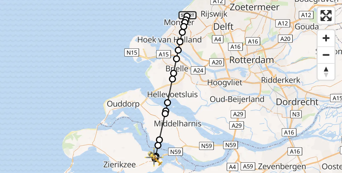 Vluchtroute Traumahelikopter van 's-Gravenhage naar Oosterland