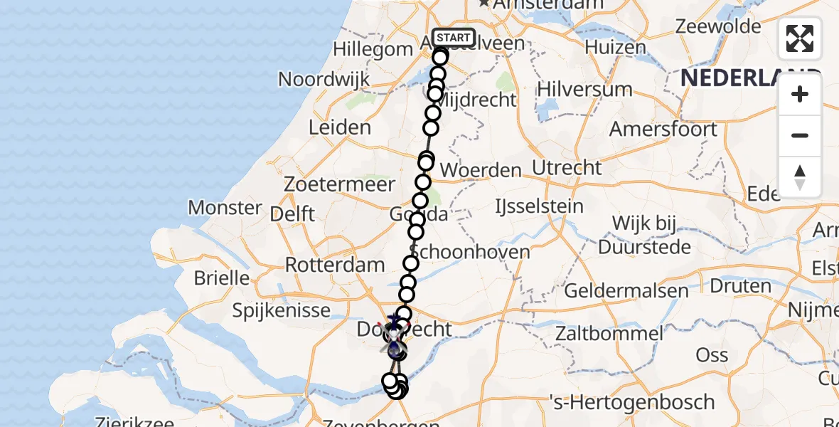 Vluchtroute Politiehelikopter van Amsterdam Vliegveld Schiphol naar Dordrecht