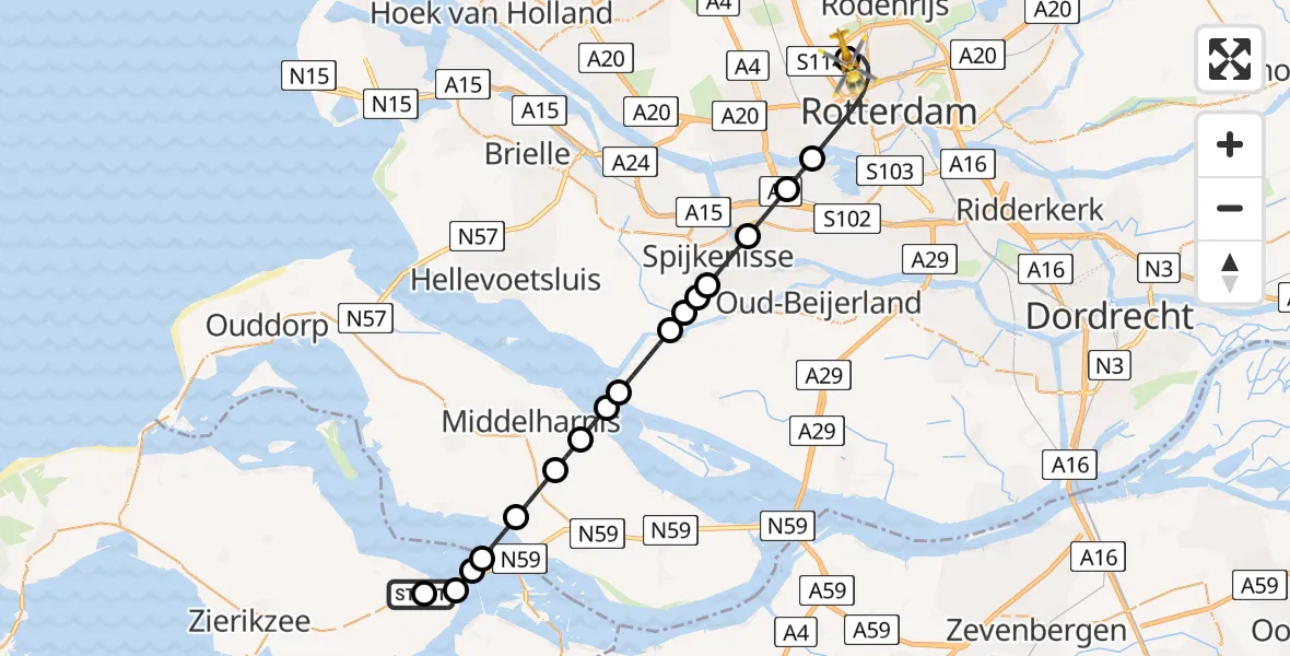 Vluchtroute Traumahelikopter van Oosterland naar Rotterdam The Hague Airport