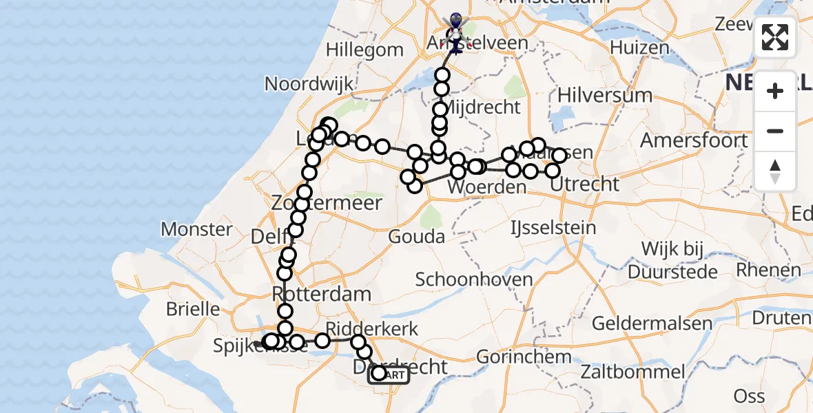 Vluchtroute Politiehelikopter van Dordrecht naar Amsterdam Vliegveld Schiphol