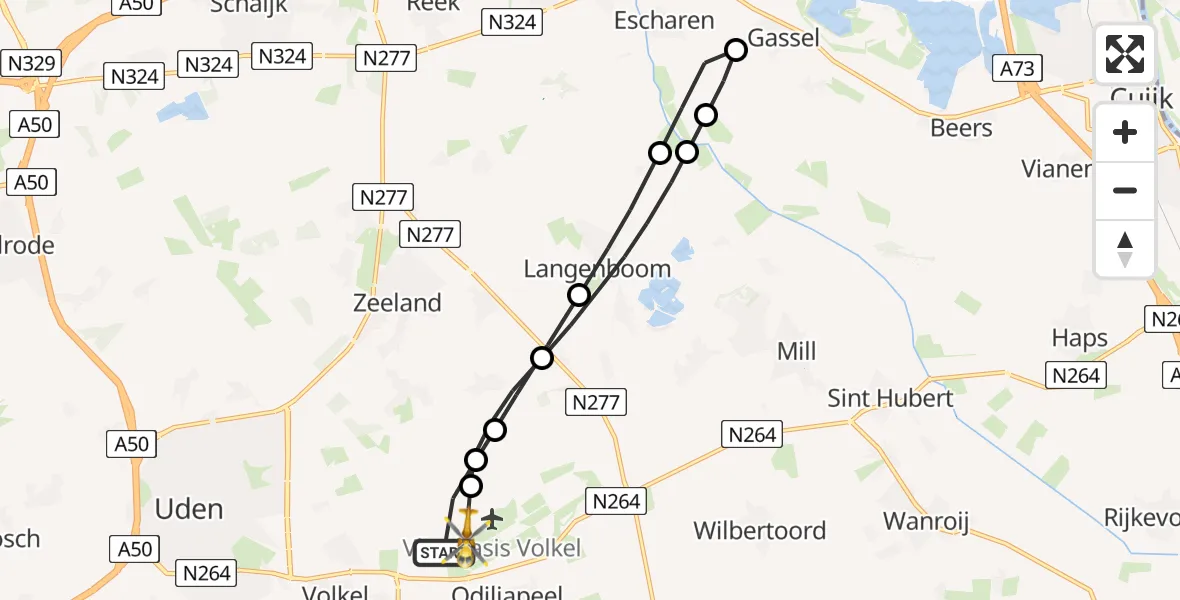 Vluchtroute Traumahelikopter van Vliegbasis Volkel naar Vliegbasis Volkel