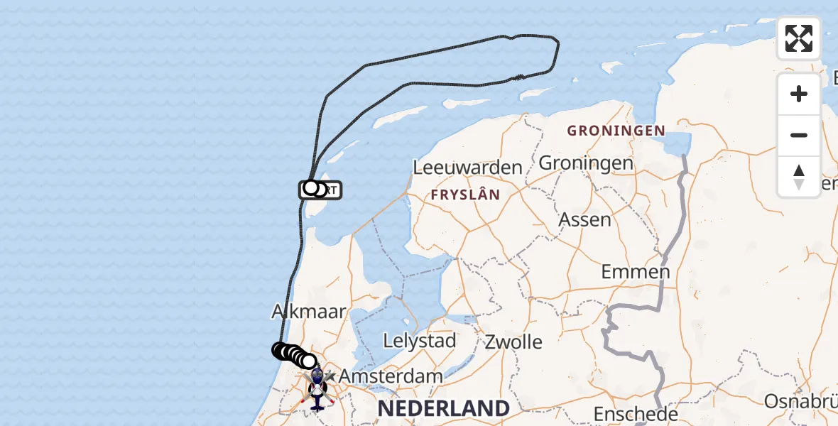 Vluchtroute Politiehelikopter van Texel International Airport naar Amsterdam Vliegveld Schiphol