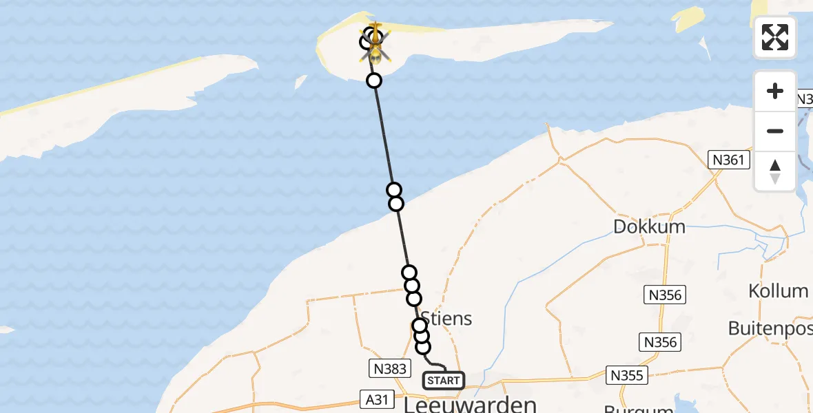 Vluchtroute Ambulancehelikopter van Vliegbasis Leeuwarden naar Ameland Vliegveld Ballum