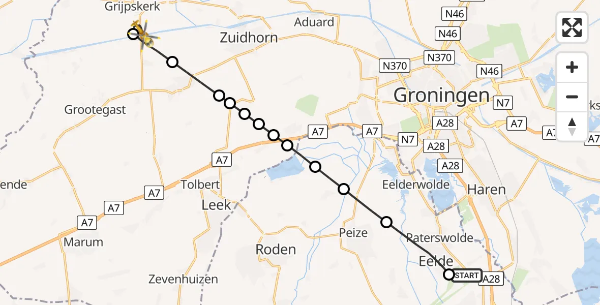 Vluchtroute Traumahelikopter van Groningen Airport Eelde naar Grijpskerk