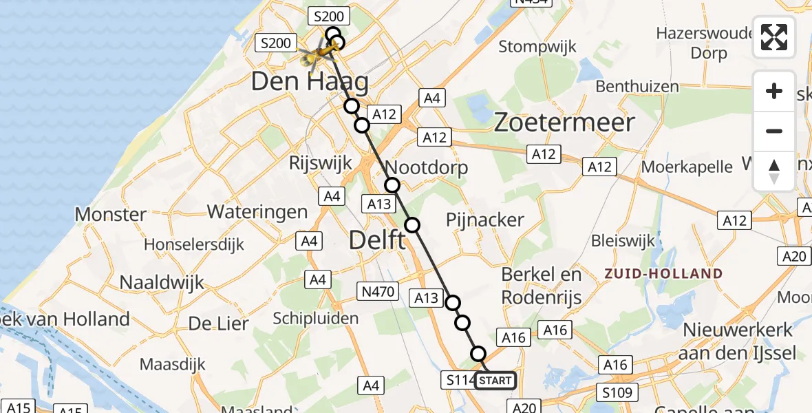 Vluchtroute Traumahelikopter van Rotterdam The Hague Airport naar 's-Gravenhage