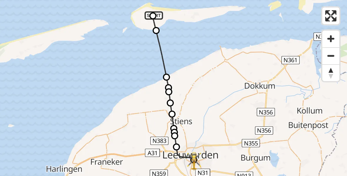 Vluchtroute Ambulancehelikopter van Ameland Vliegveld Ballum naar Leeuwarden Medical Center Heliport