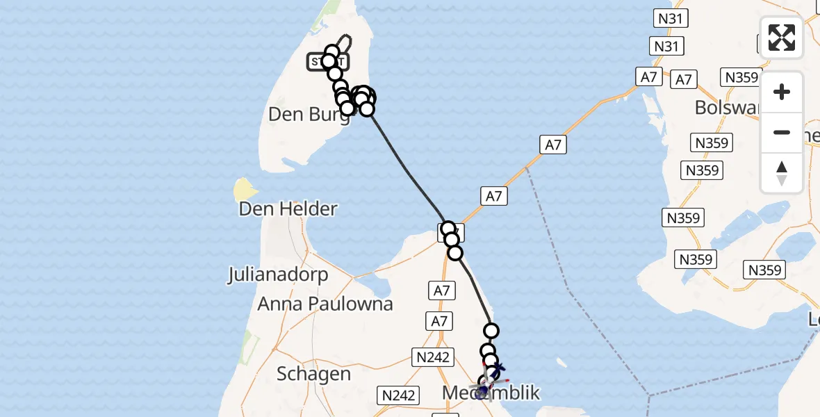 Vluchtroute Politiehelikopter van Texel International Airport naar IJsselmeer