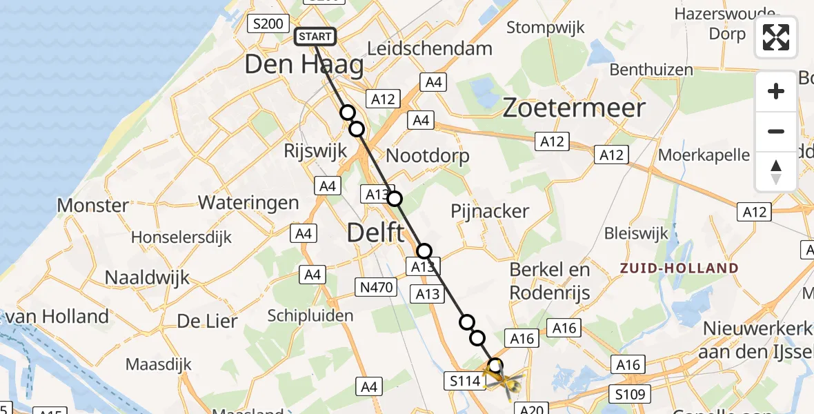 Vluchtroute Traumahelikopter van 's-Gravenhage naar Rotterdam The Hague Airport