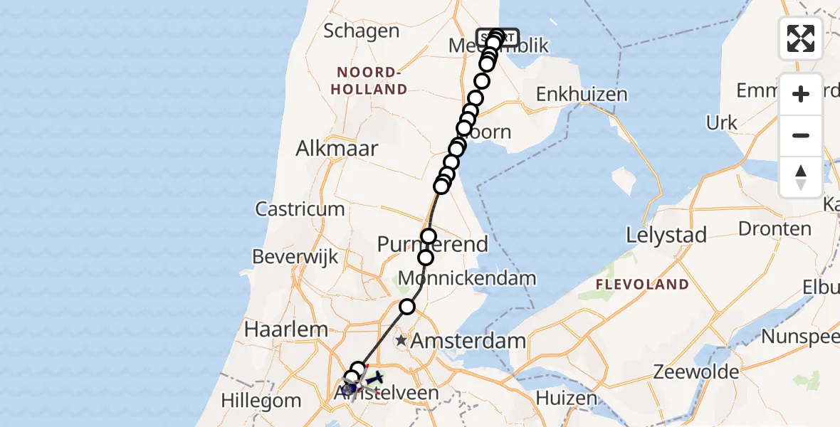 Vluchtroute Politiehelikopter van IJsselmeer naar Amsterdam Vliegveld Schiphol