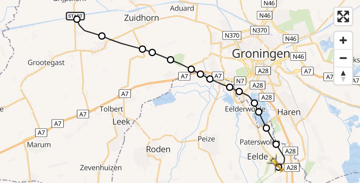 Vluchtroute Traumahelikopter van Grijpskerk naar Groningen Airport Eelde