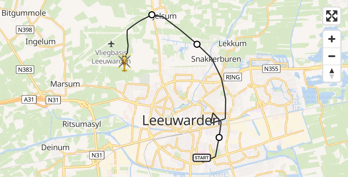 Vluchtroute Ambulancehelikopter van Leeuwarden Medical Center Heliport naar Vliegbasis Leeuwarden