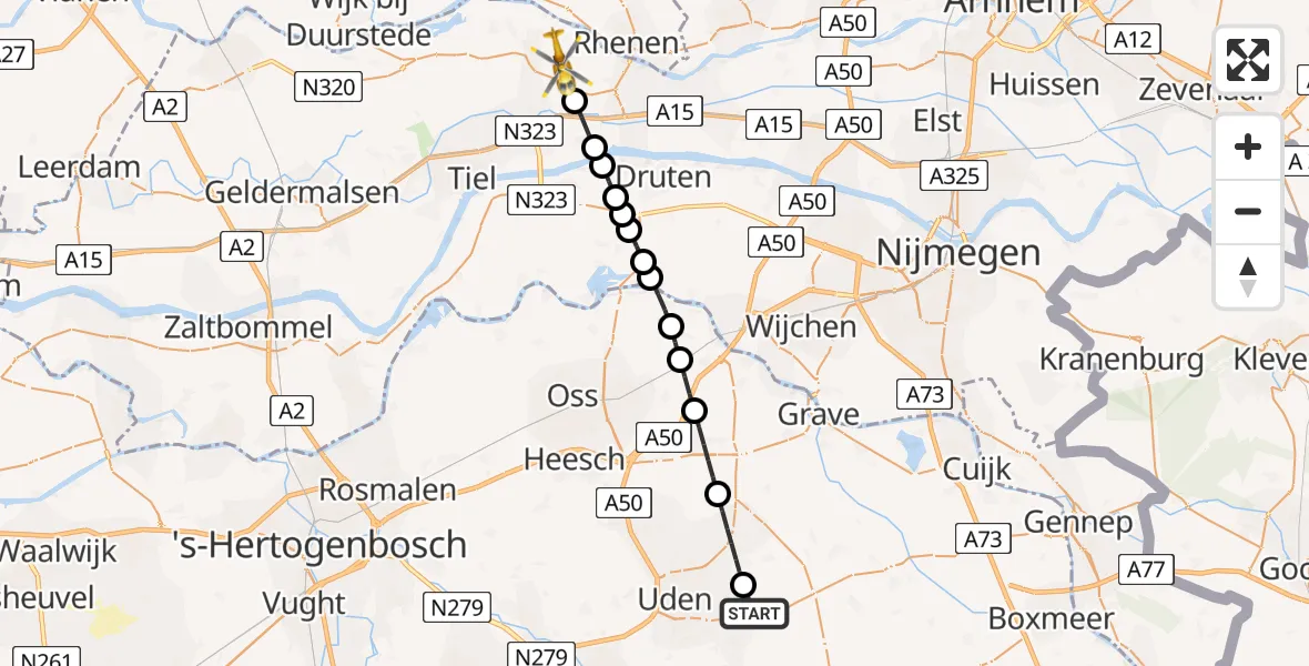 Vluchtroute Traumahelikopter van Vliegbasis Volkel naar Lienden