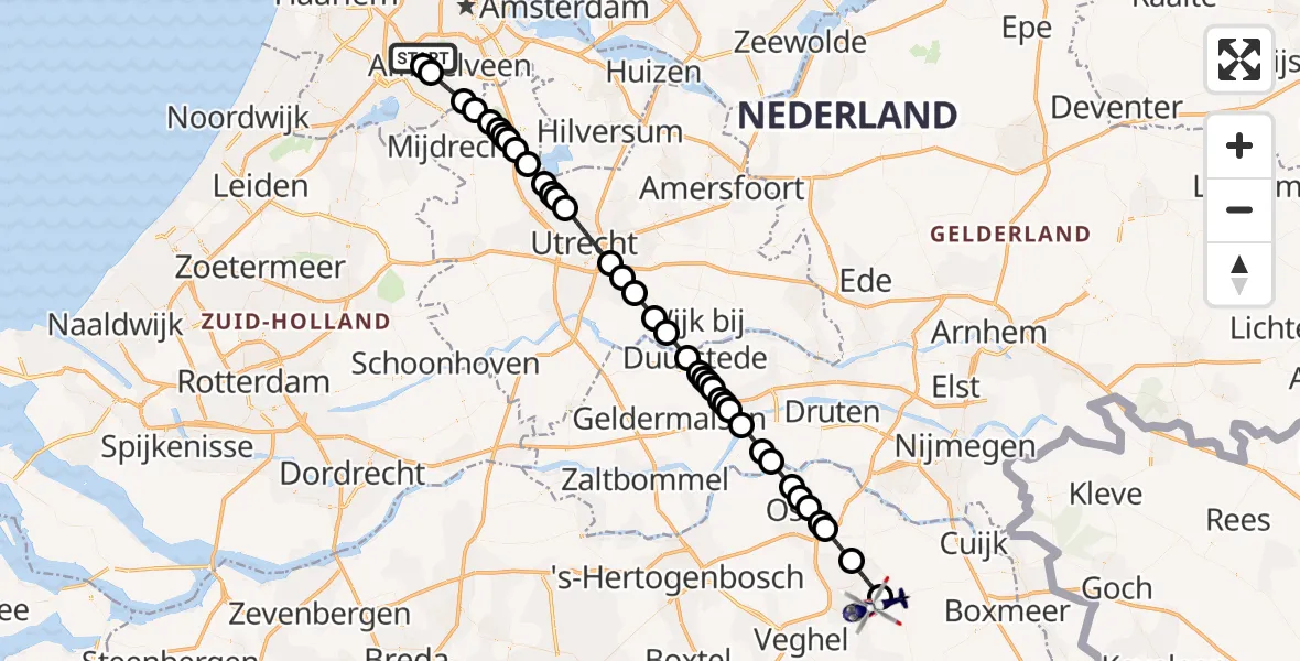 Vluchtroute Politiehelikopter van Amsterdam Vliegveld Schiphol naar Vliegbasis Volkel