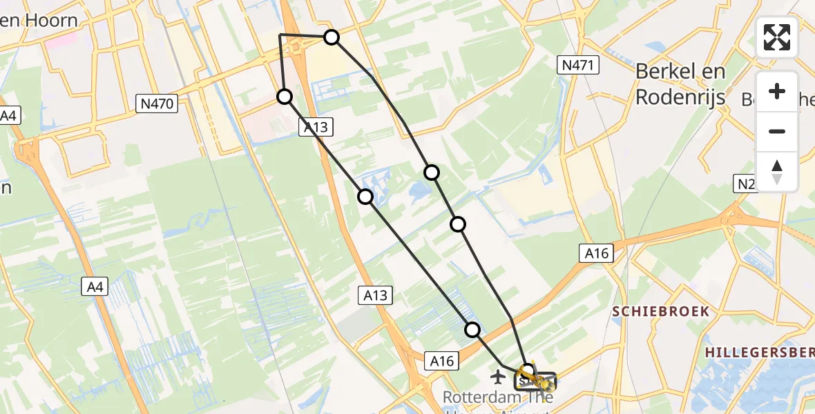 Vluchtroute Traumahelikopter van Rotterdam The Hague Airport naar Rotterdam The Hague Airport