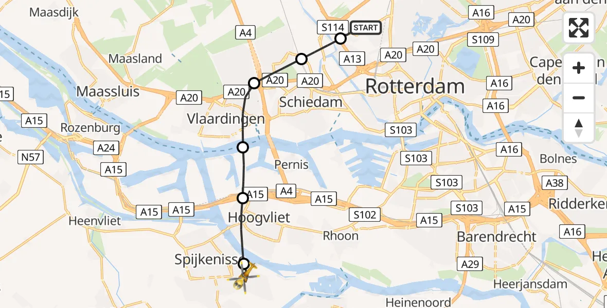 Vluchtroute Traumahelikopter van Rotterdam The Hague Airport naar Spijkenisse