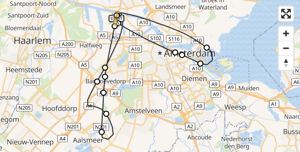 Vluchtroute Traumahelikopter van Amsterdam Heliport naar Amsterdam Heliport