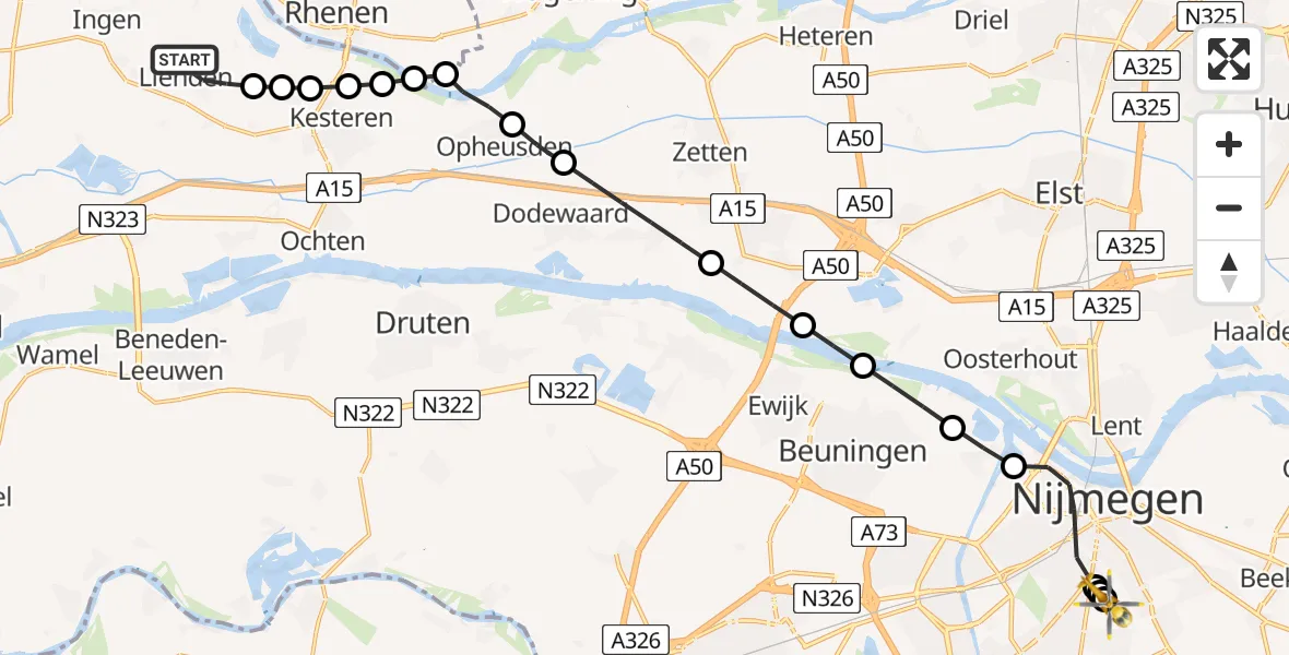 Vluchtroute Traumahelikopter van Lienden naar Radboud University Medical Center Heliport