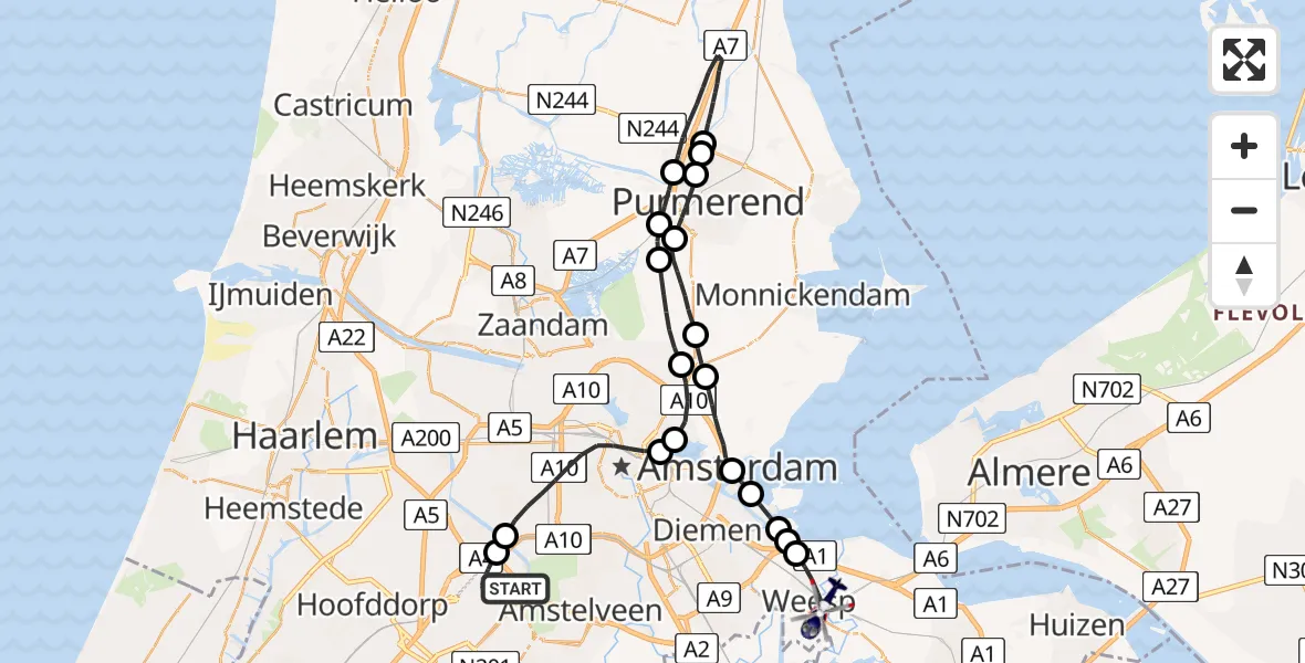 Vluchtroute Politiehelikopter van Amsterdam Vliegveld Schiphol naar Weesp