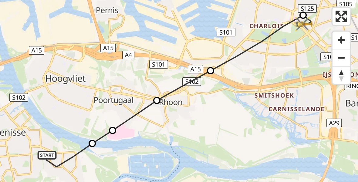 Vluchtroute Traumahelikopter van Spijkenisse naar Rijnmond Medisch Centrum Heliport