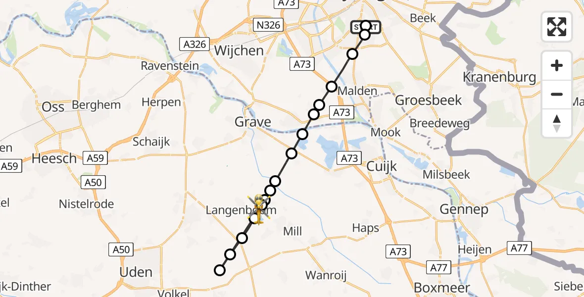Vluchtroute Traumahelikopter van Radboud Universitair Medisch Centrum naar Mill