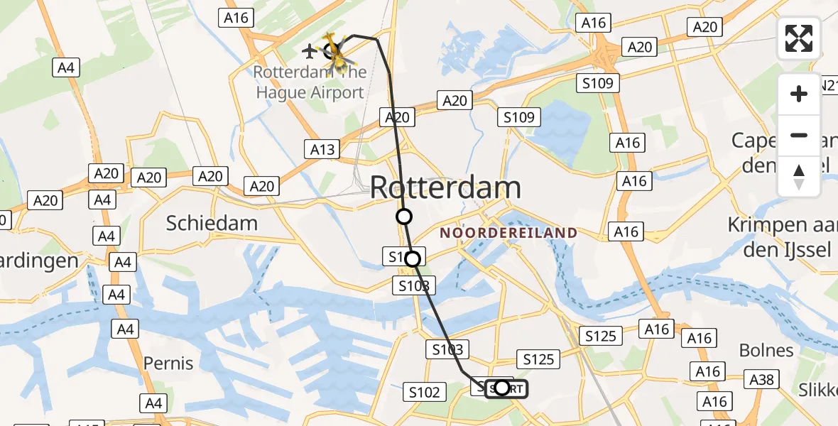 Vluchtroute Traumahelikopter van Rijnmond Medisch Centrum Heliport naar Rotterdam The Hague Airport