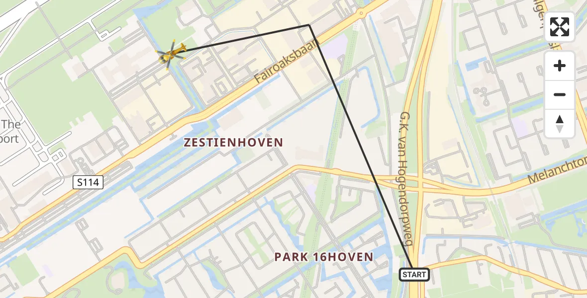 Vluchtroute Traumahelikopter van Rotterdam naar Rotterdam