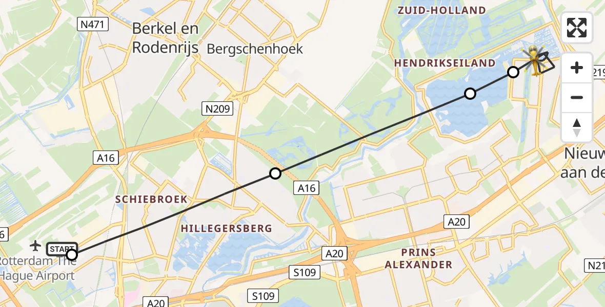 Vluchtroute Traumahelikopter van Rotterdam The Hague Airport naar Rotterdam