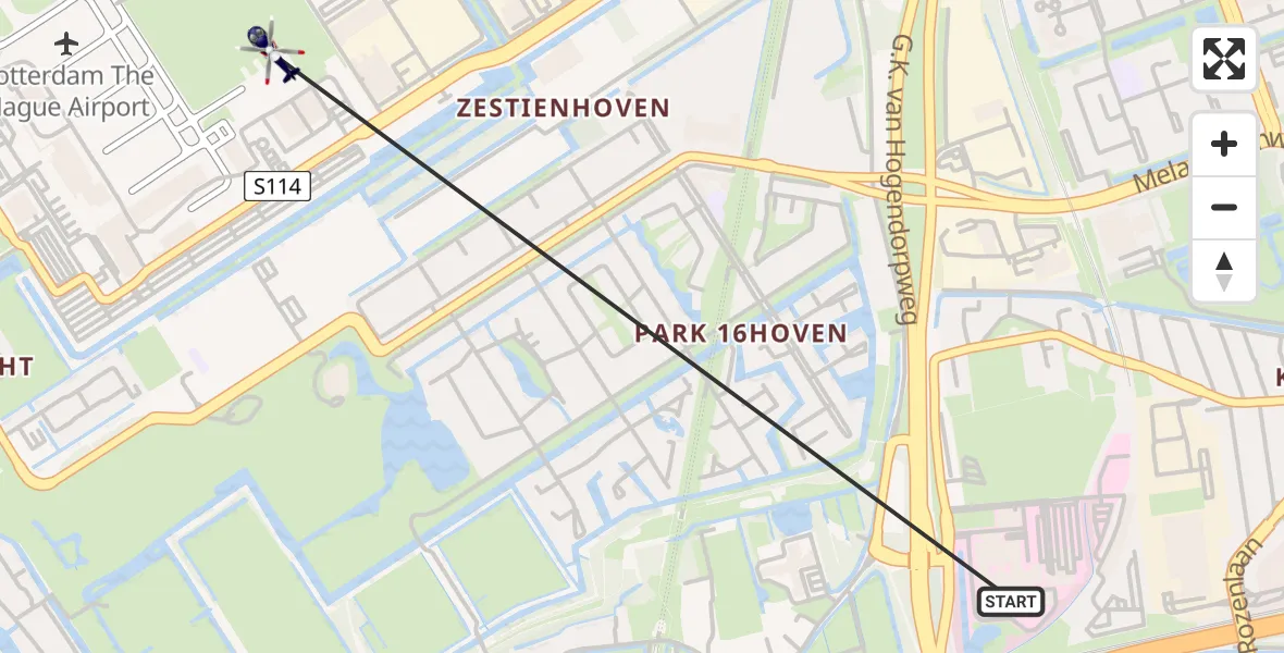 Vluchtroute Politiehelikopter van Rotterdam naar Rotterdam The Hague Airport