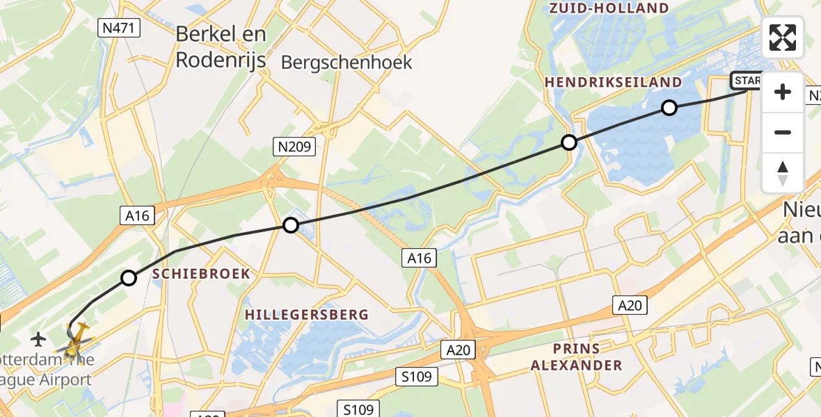 Vluchtroute Traumahelikopter van Rotterdam naar Rotterdam The Hague Airport