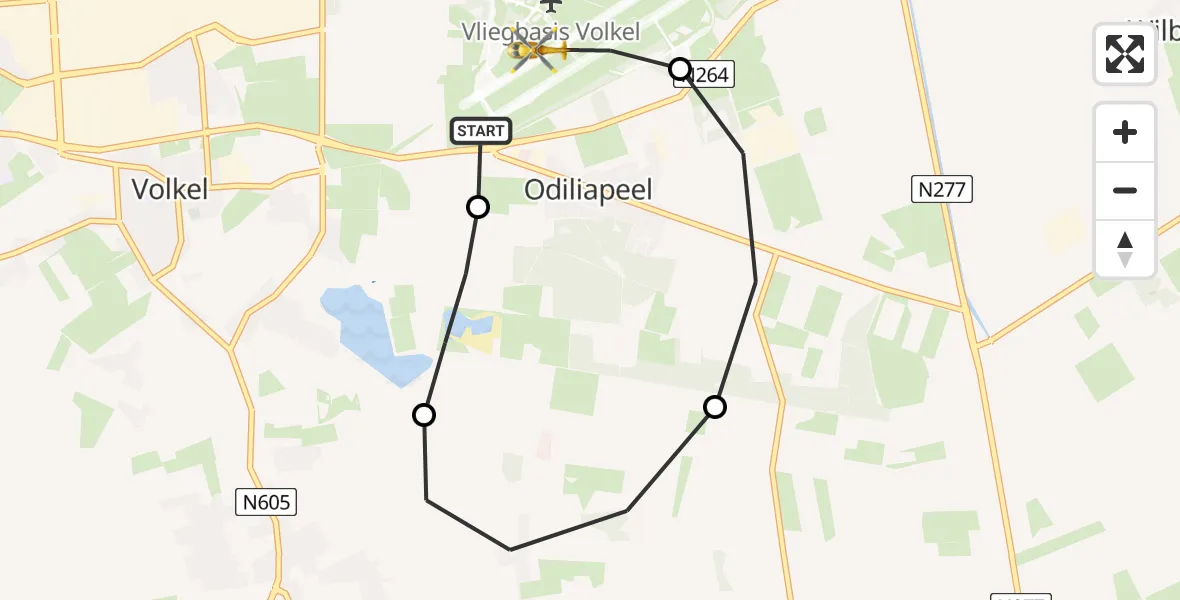 Vluchtroute Traumahelikopter van Vliegbasis Volkel naar Vliegbasis Volkel