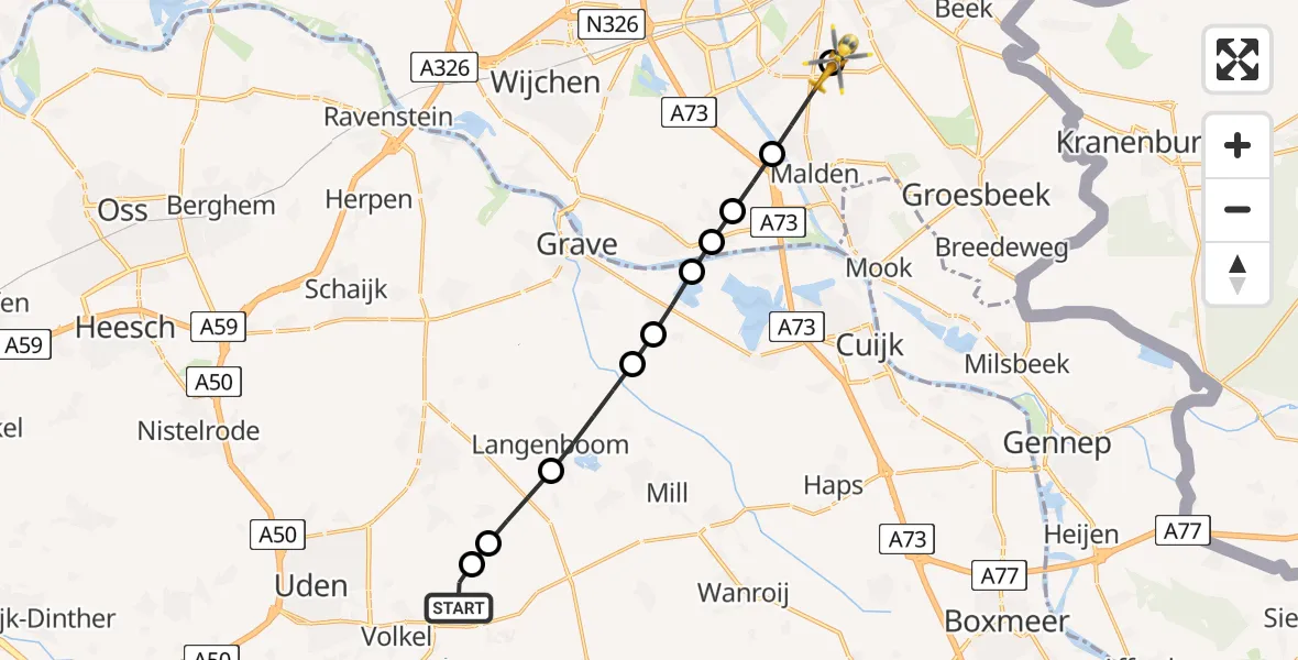 Vluchtroute Traumahelikopter van Vliegbasis Volkel naar Nijmegen